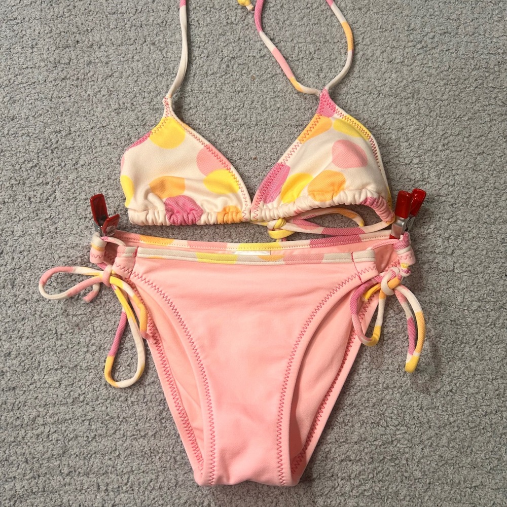 Daffy Waterwear Bikini Set Triangle XS Pink Yellow Polka Dot Y2K McBling Vintage